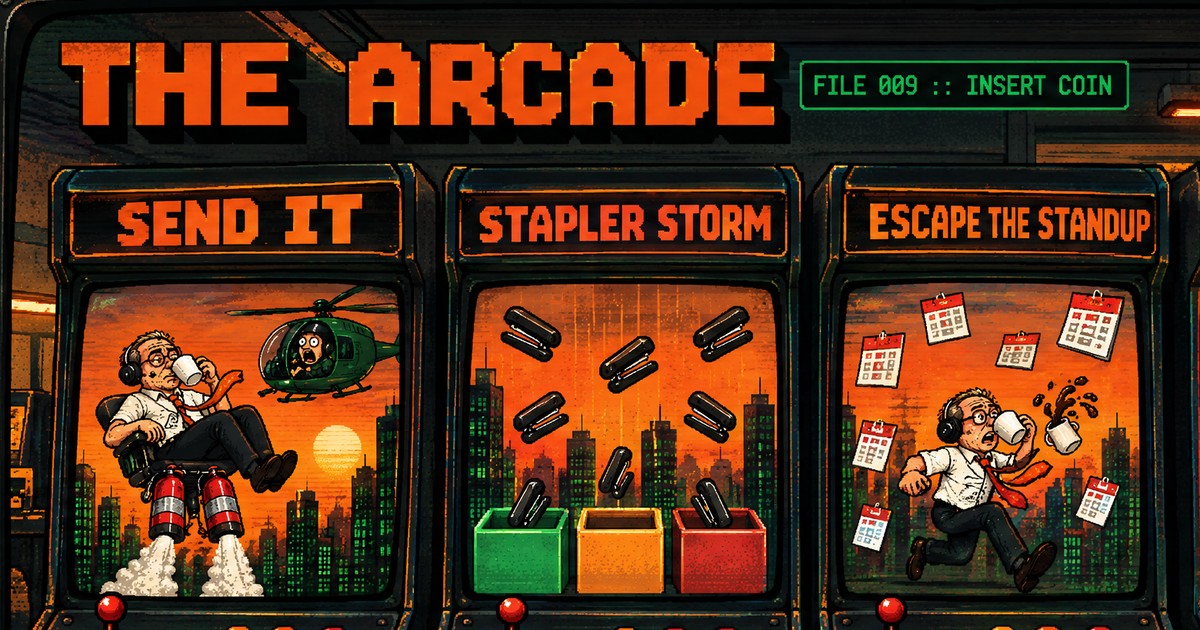 THE ARCADE in orange pixel letters above three arcade cabinets: SEND IT, STAPLER STORM and ESCAPE THE STANDUP.
